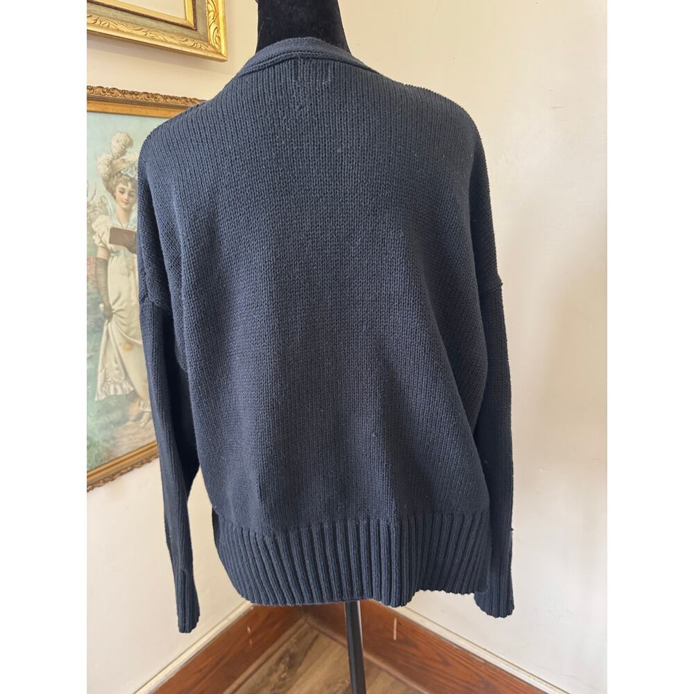 Black Chunky Knit Cardigan XS Button Front Cropped Boxy Pockets - Picture 4 of 11